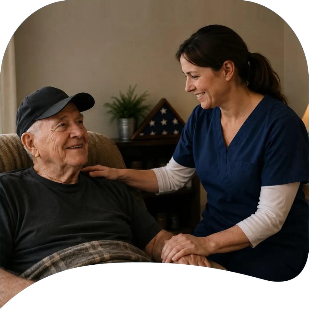 Home caregiver assisting an elderly veteran with in-home care in Ackerman, MS