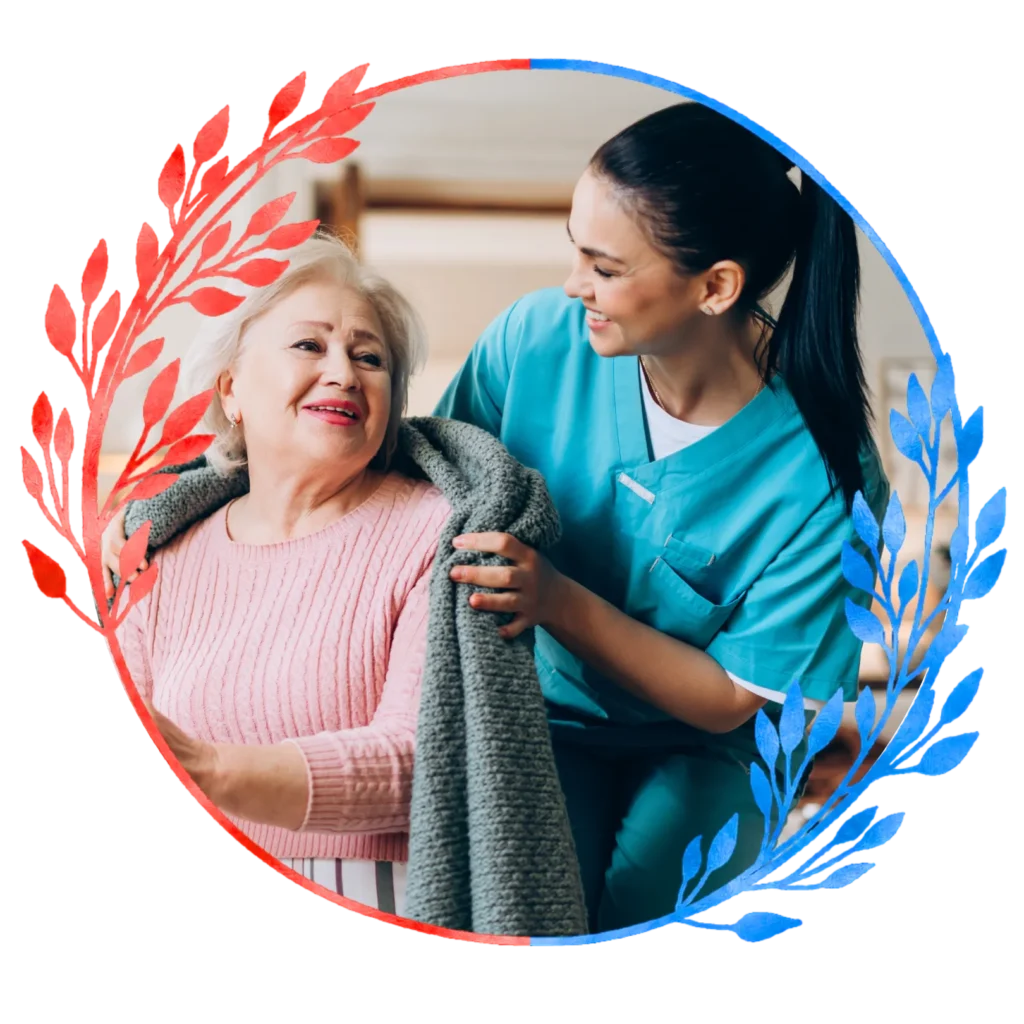 Personal care assistant helping an elderly woman with dressing support in Ackerman, MS